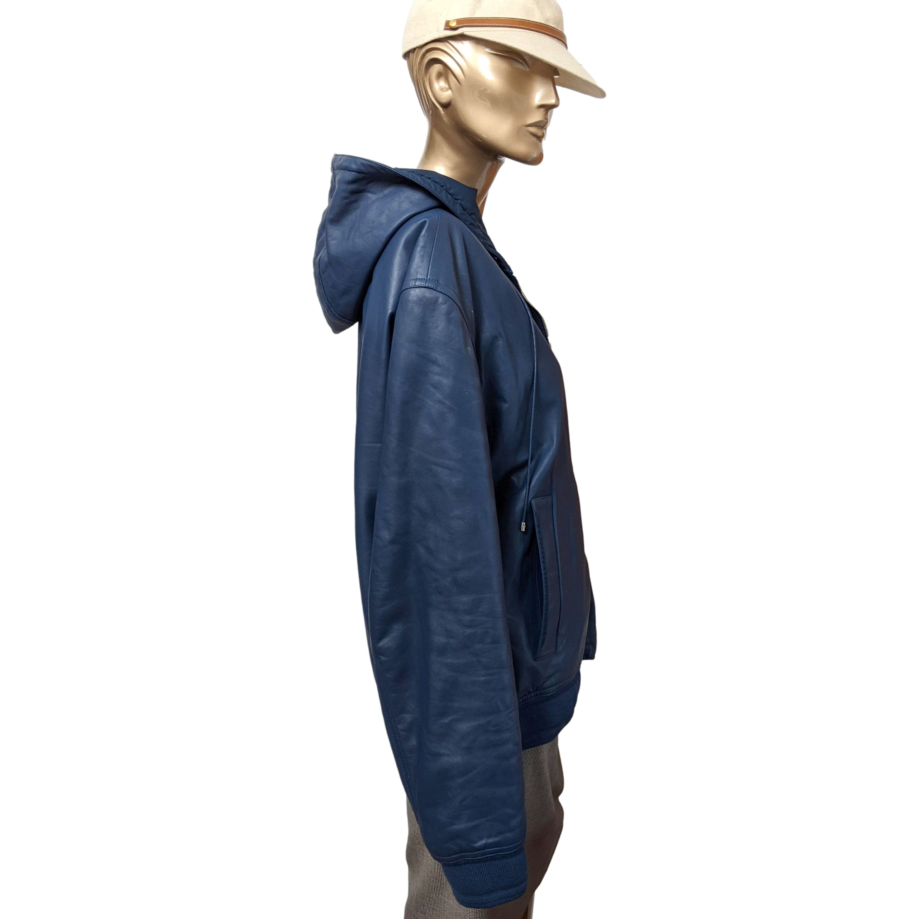 Hermes Men's Bleu de Prusse Lambskin Reversible Hooded Jacket Sz54