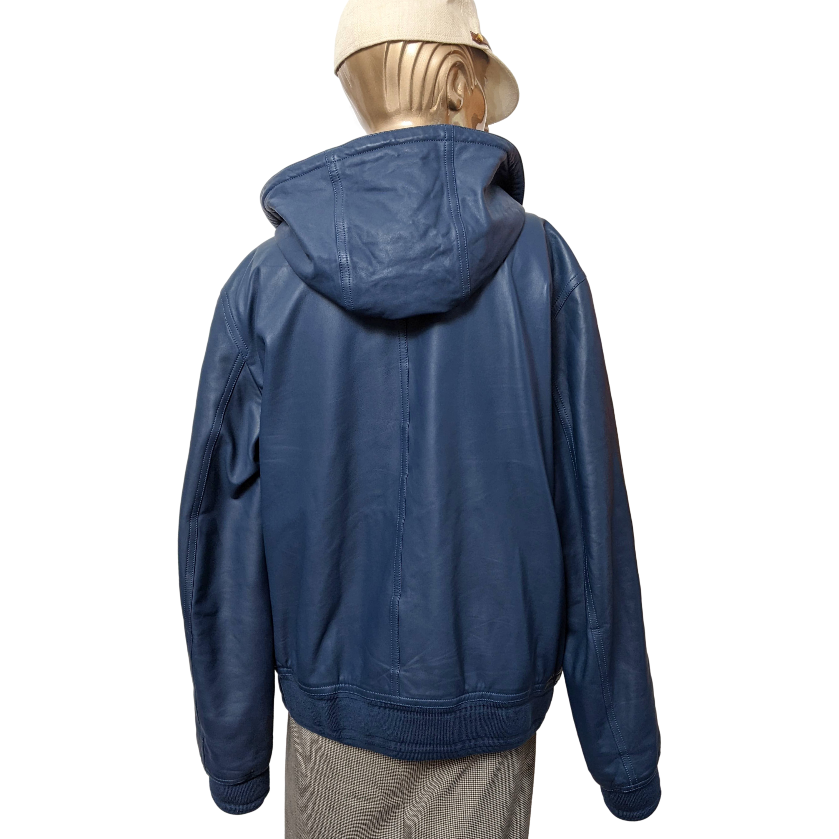 Hermes Men's Bleu de Prusse Lambskin Reversible Hooded Jacket Sz54