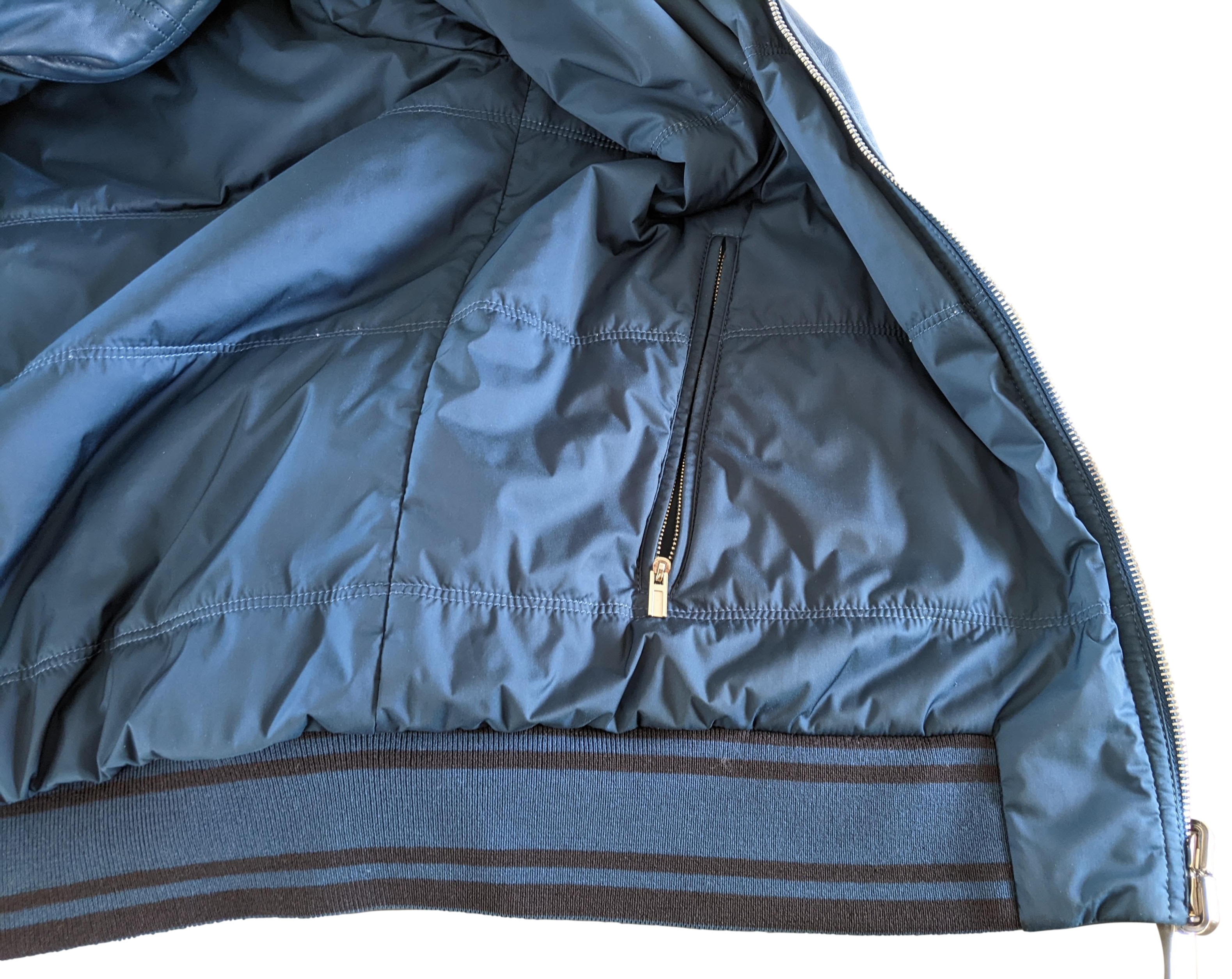 Hermes Men's Bleu de Prusse Lambskin Reversible Hooded Jacket Sz54