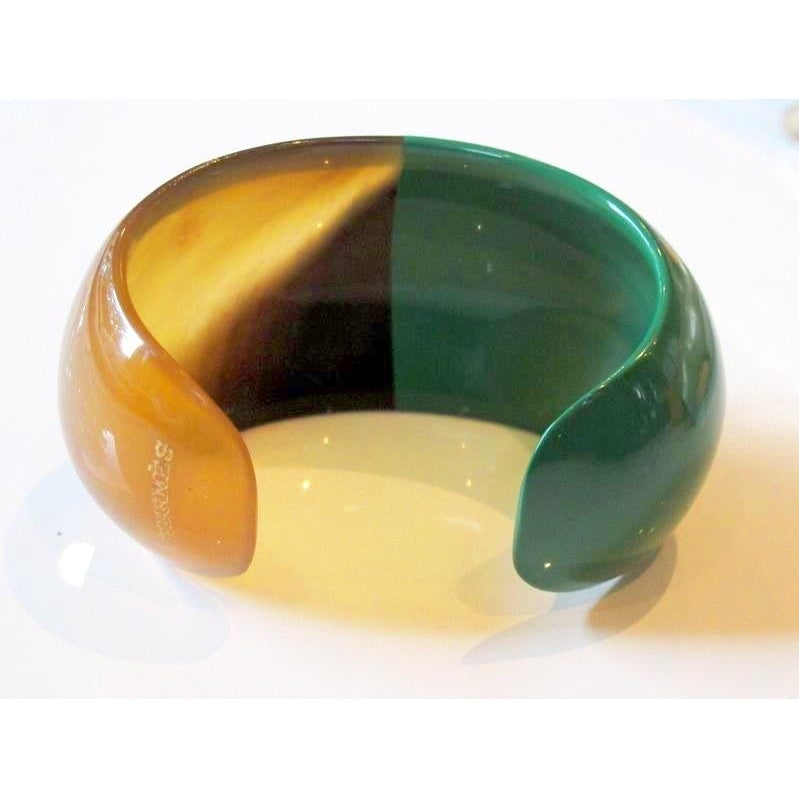 Hermes Laquered Green/Natural Horn Cuff Bracelet, Box! - poupishop