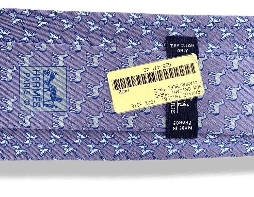 Hermes Lavander Pale Blue ORIGAMI HORSE TWILLBI Twill Silk Tie 8cm, NWT in Pochette! - poupishop