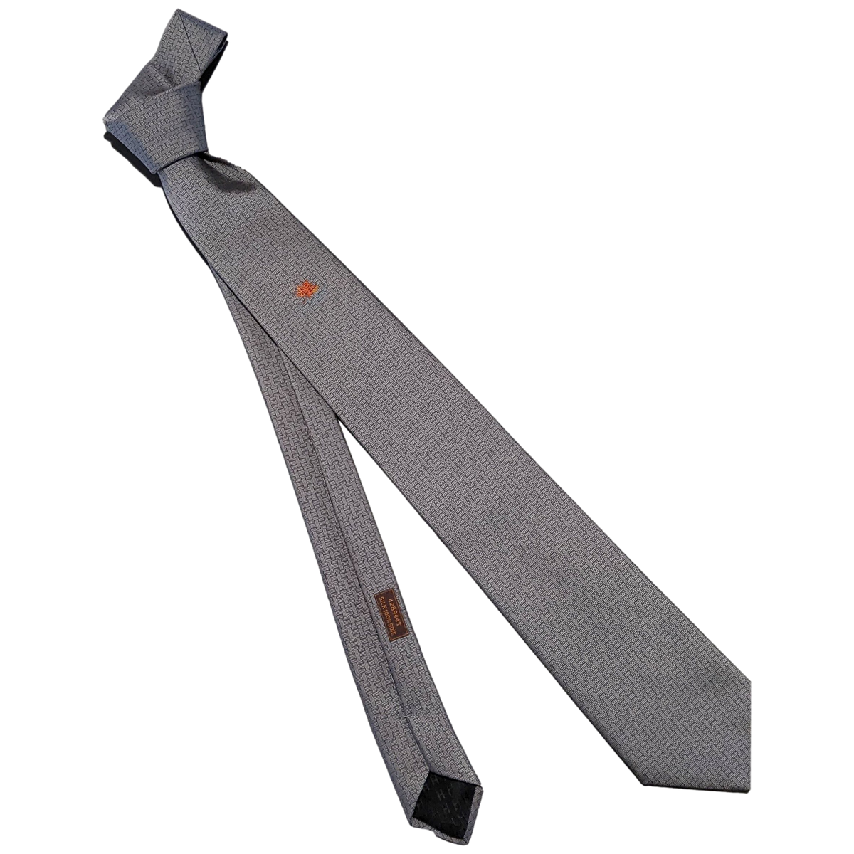 Produits Hermes Gris/Orange Soie Lourde brodee Embroidered "Leaf" Thick Silk Tie, 8.5 cm