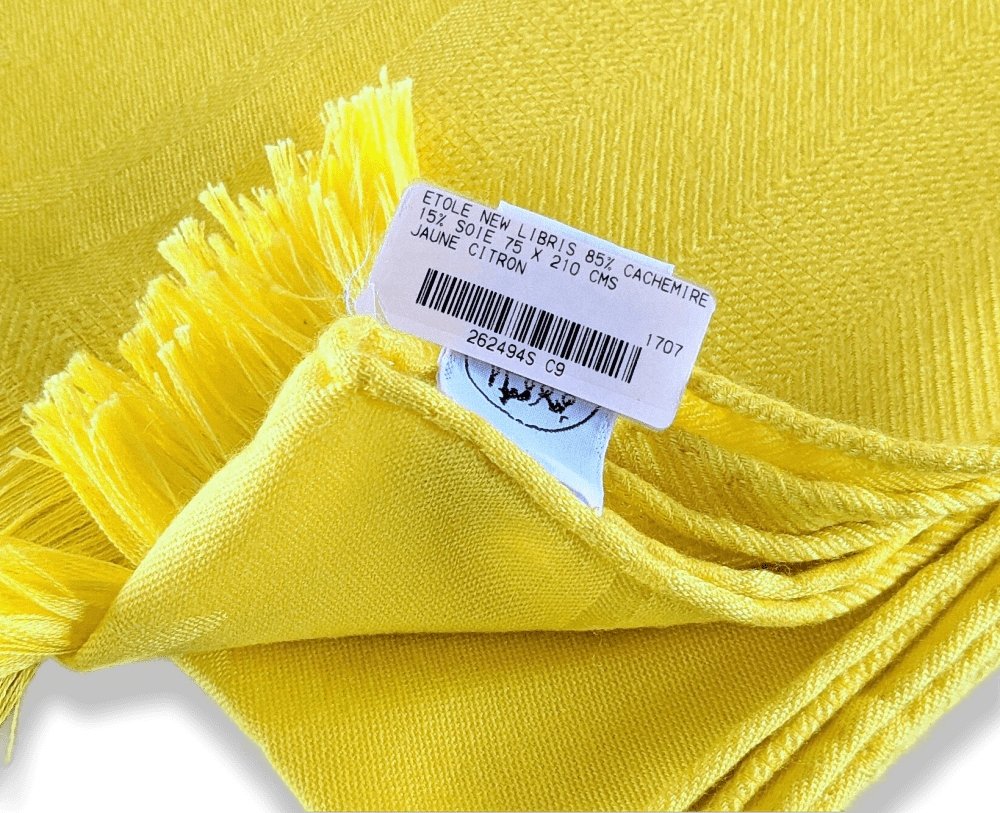 Hermes Lemon Yellow Fringed NEW LIBRIS Etole 85% Cashmere/15% Silk 75 x 210 cm, BNWT! - poupishop