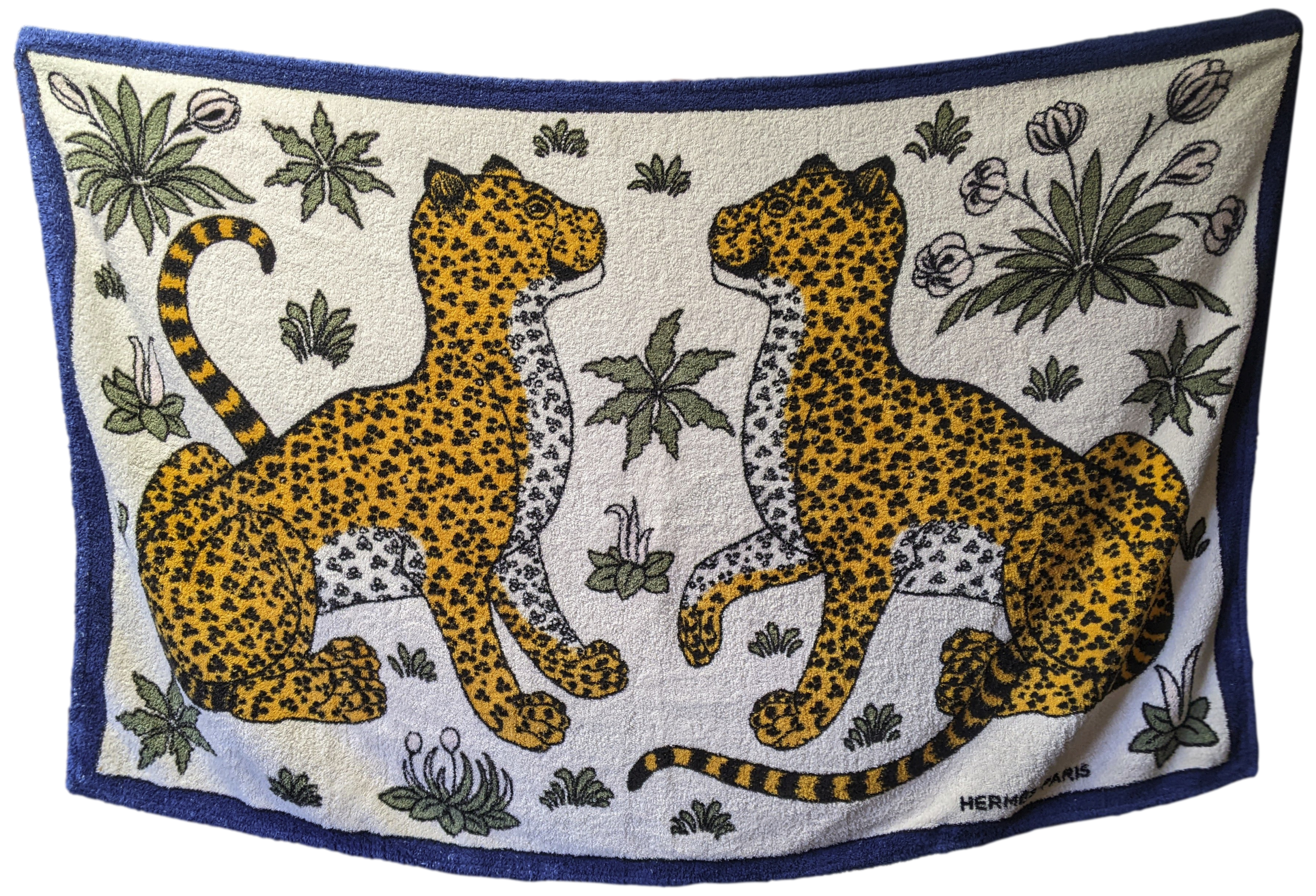 Hermes Blanc/Bleu Vintage "Leopards" Tapis de Plage Terry Beach Towel GM 90 x 150 cm