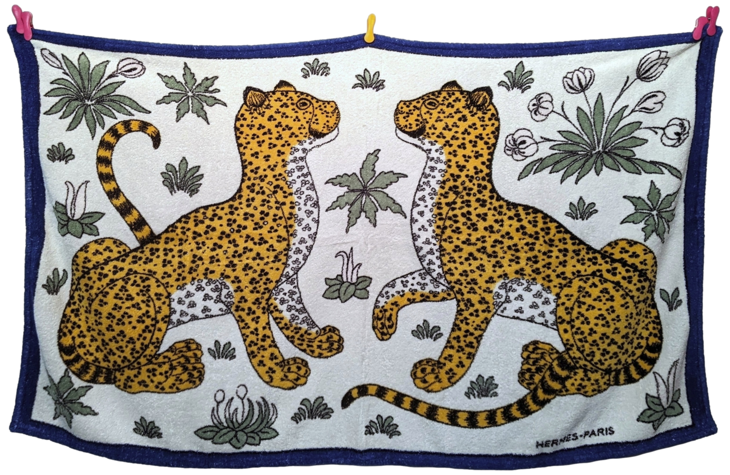 Hermes Marine/Blanc "Leopards" Tapis de Plage Terry Beach Towel 90 x 150 cm