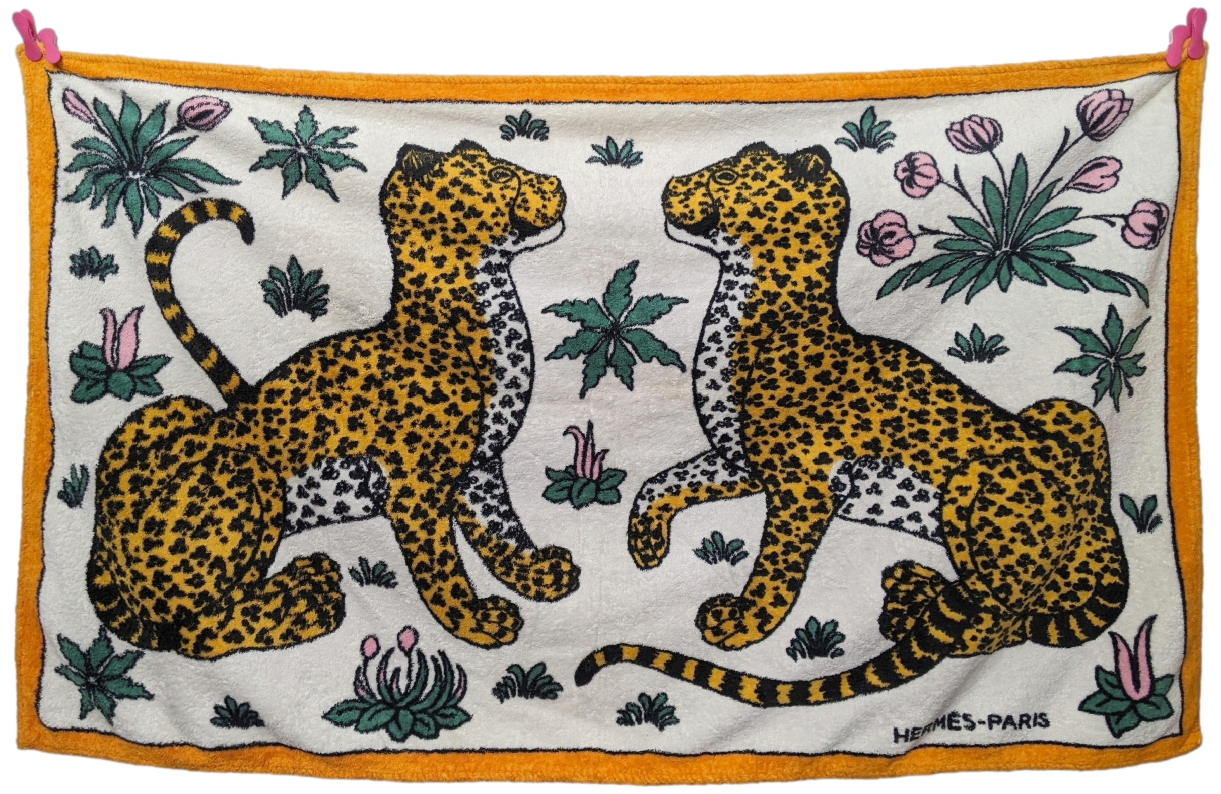 Hermes Vintage Orange/White " Leopards" Cotton Terry Beach Towel 90 x 150