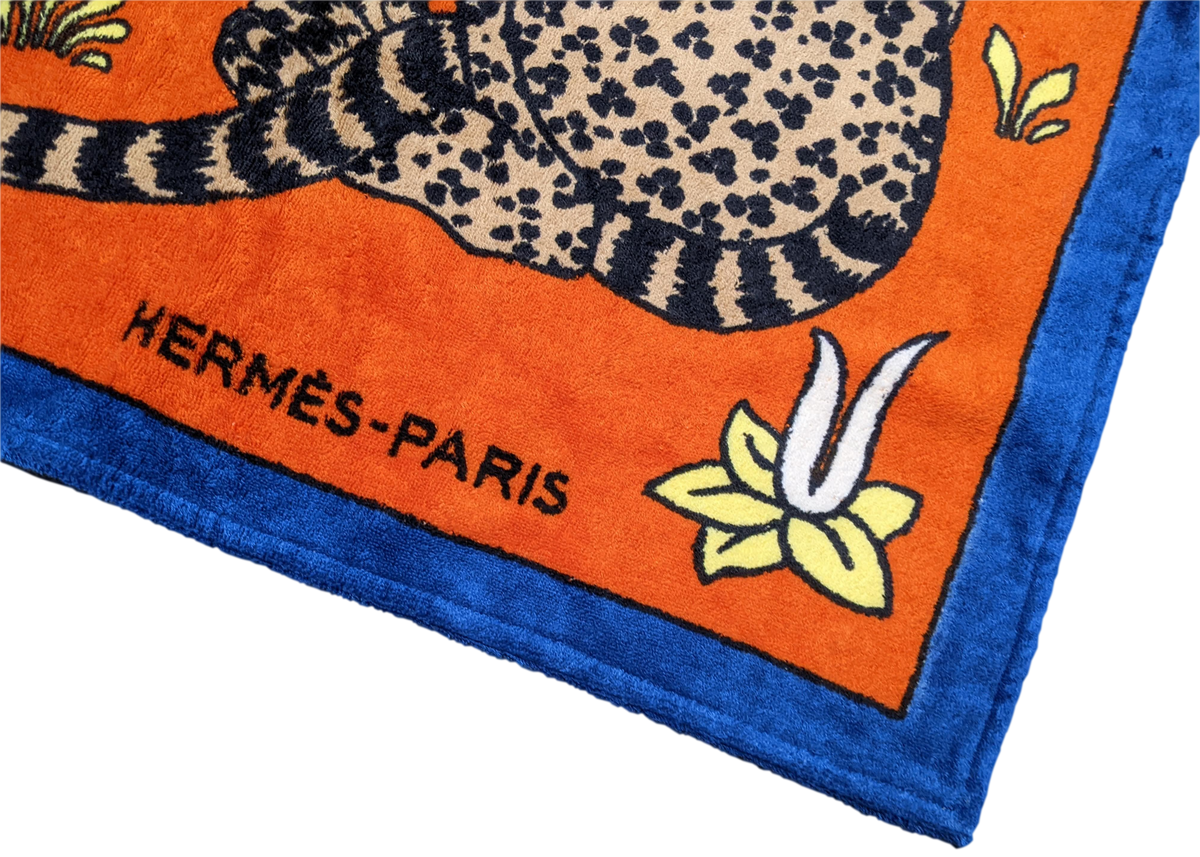 Produits Hermes Blue/Orange " Leopards" Cotton Terry Beach Towel 90 x 150