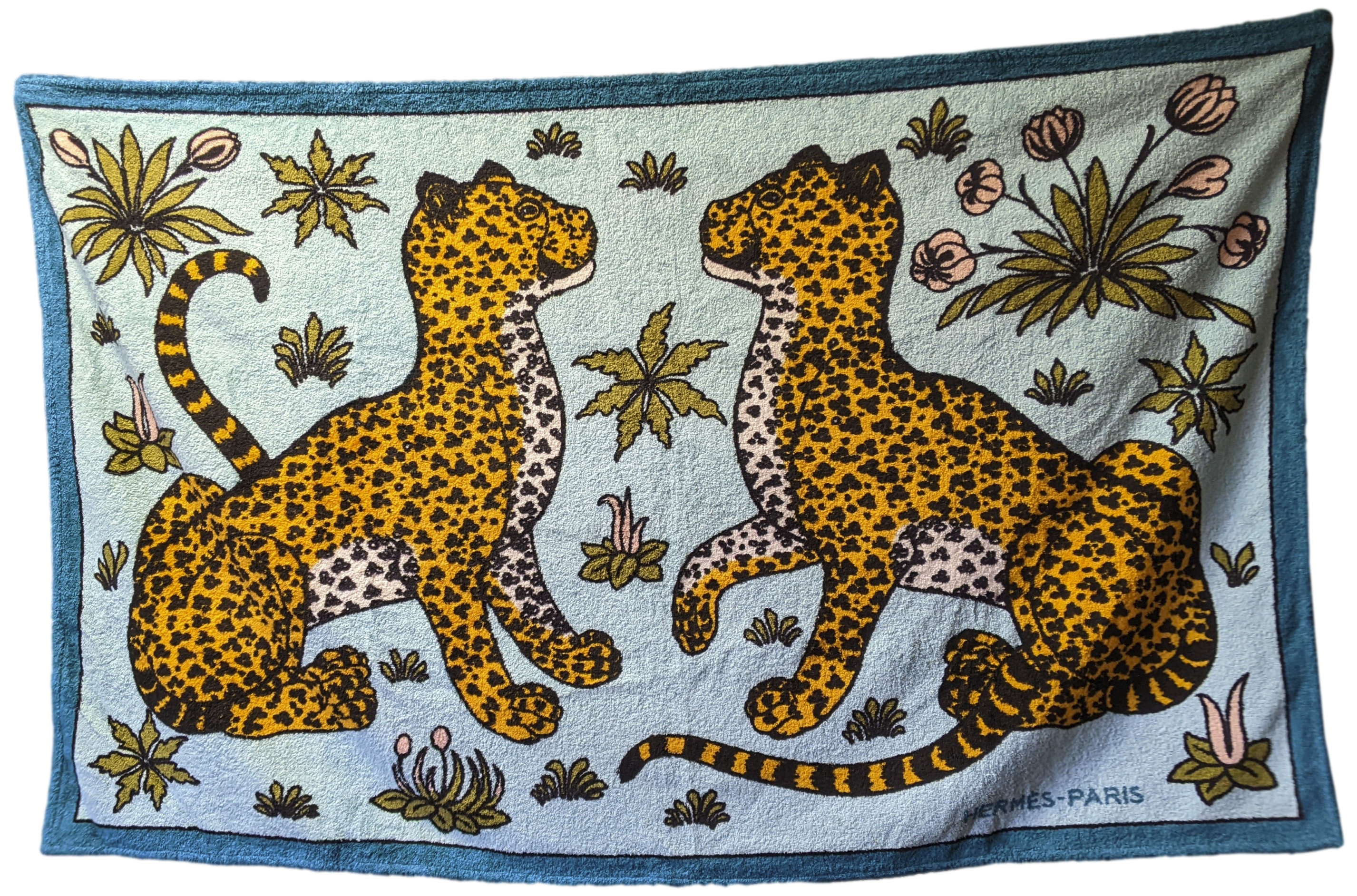 Hermes Duck/urquoise "Leopards" Tapis de Plage Terry Beach Towel GM 90 x 150 cm