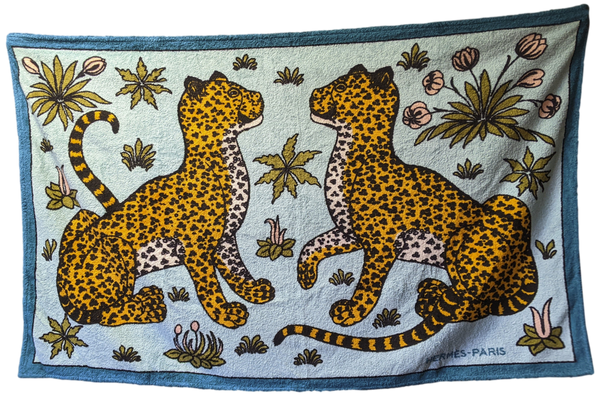 Hermes Duck/urquoise "Leopards" Tapis de Plage Terry Beach Towel GM 90 x 150 cm