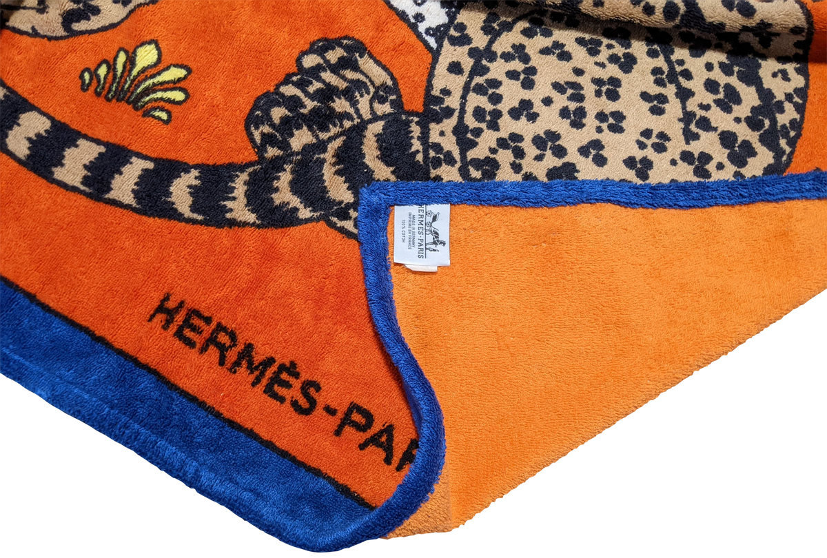 Produits Hermes Blue/Orange " Leopards" Cotton Terry Beach Towel 90 x 150