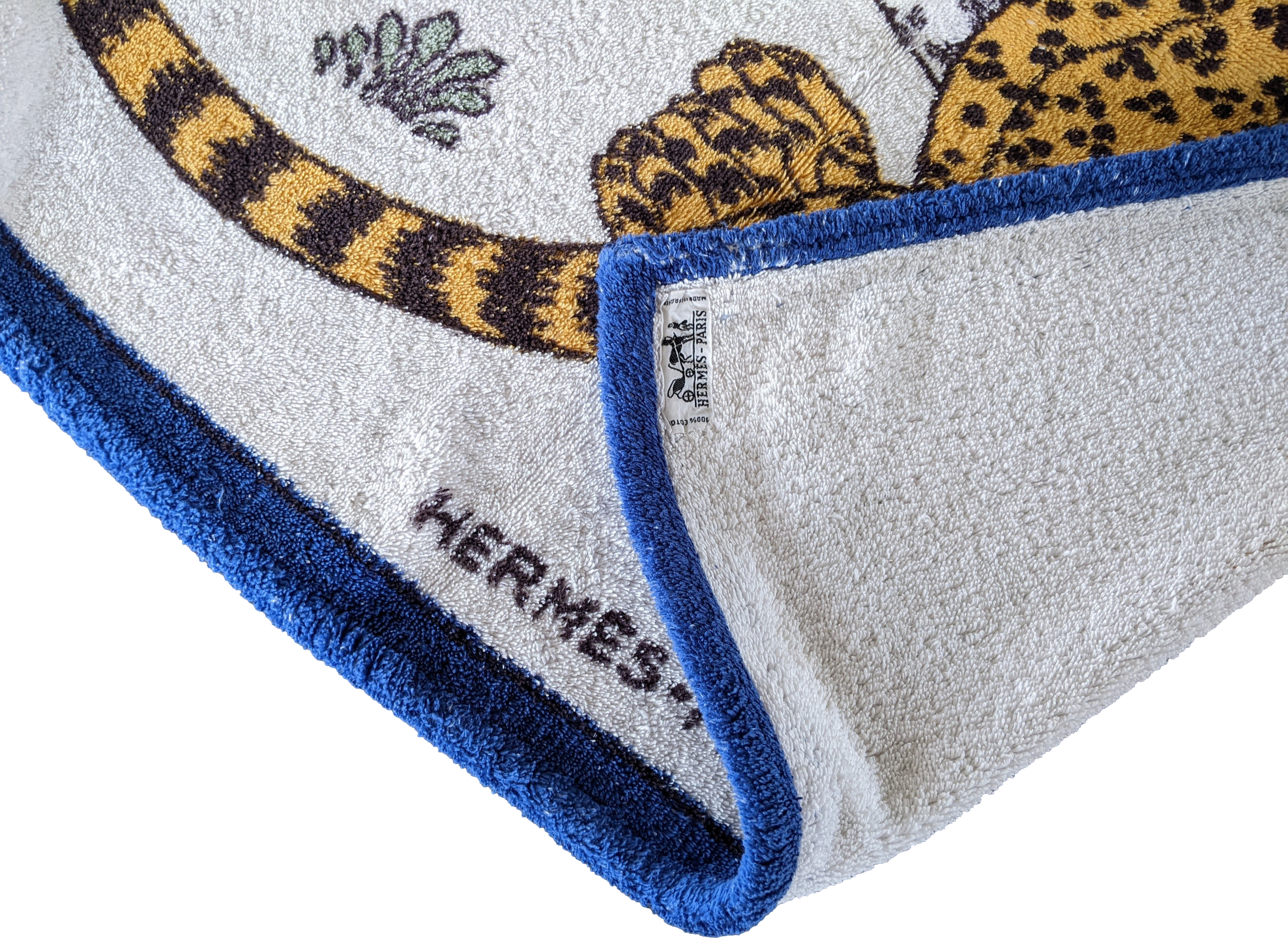 Hermes Marine/Blanc "Leopards" Tapis de Plage Terry Beach Towel 90 x 150 cm