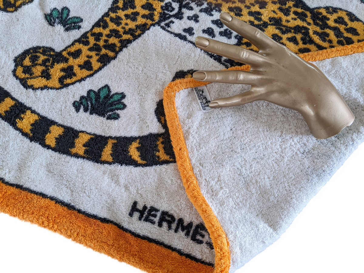 Hermes Vintage Orange/White " Leopards" Cotton Terry Beach Towel 90 x 150
