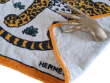 Hermes Vintage Orange/White " Leopards" Cotton Terry Beach Towel 90 x 150