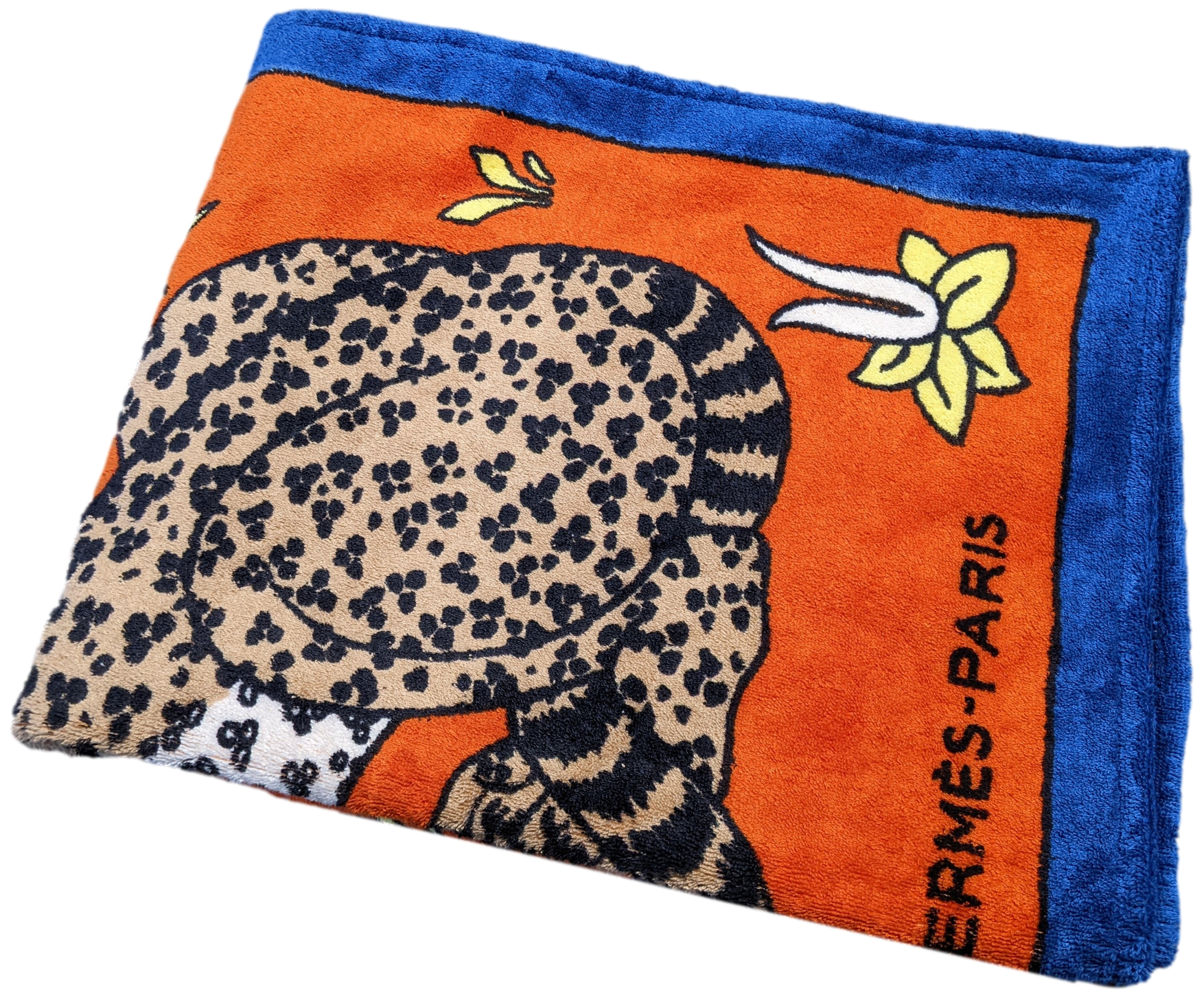 Produits Hermes Blue/Orange " Leopards" Cotton Terry Beach Towel 90 x 150