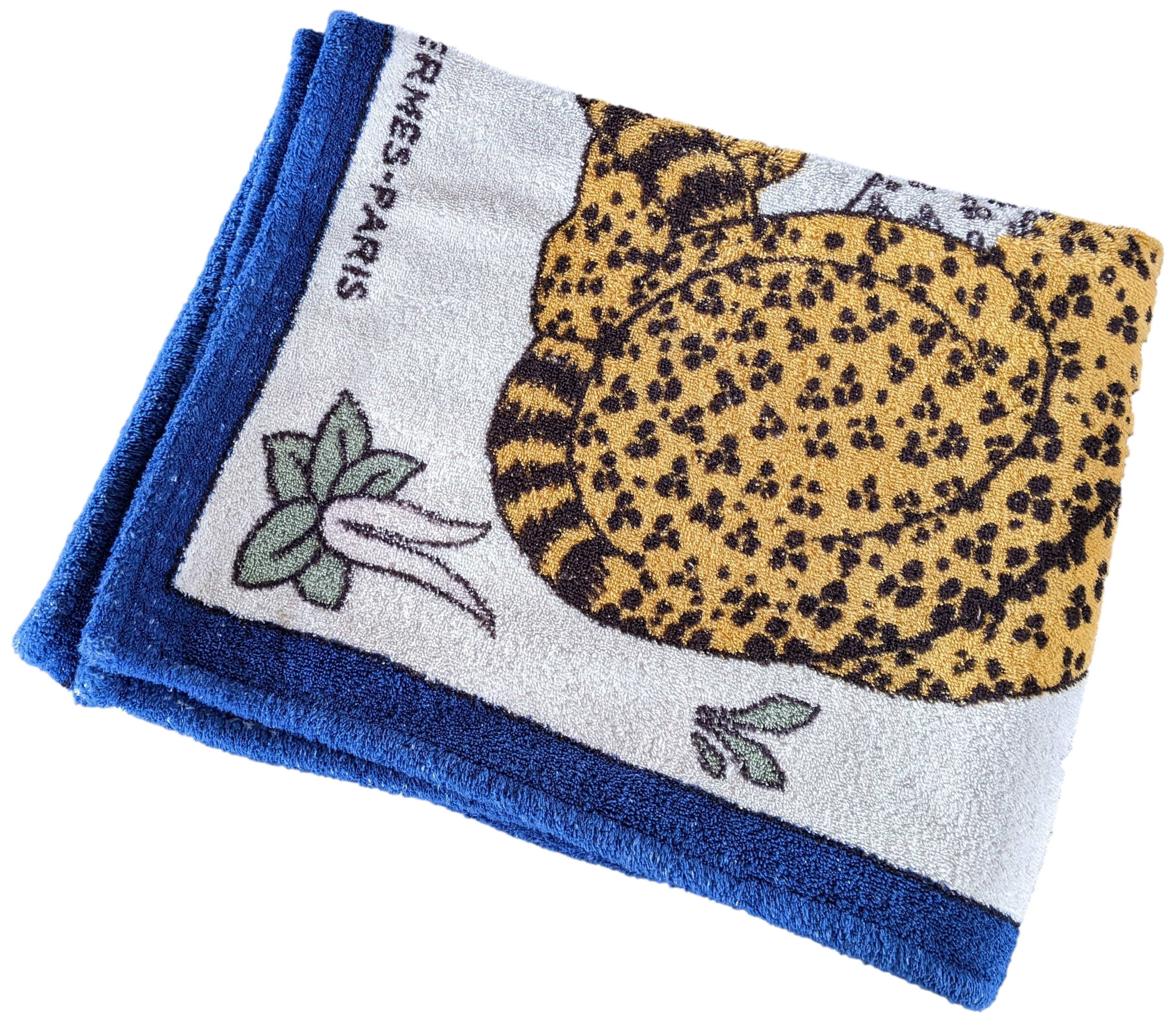 Hermes Marine/Blanc "Leopards" Tapis de Plage Terry Beach Towel 90 x 150 cm