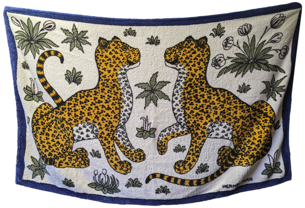 Hermes Blanc/Bleu Vintage "Leopards" Tapis de Plage Terry Beach Towel GM 90 x 150 cm