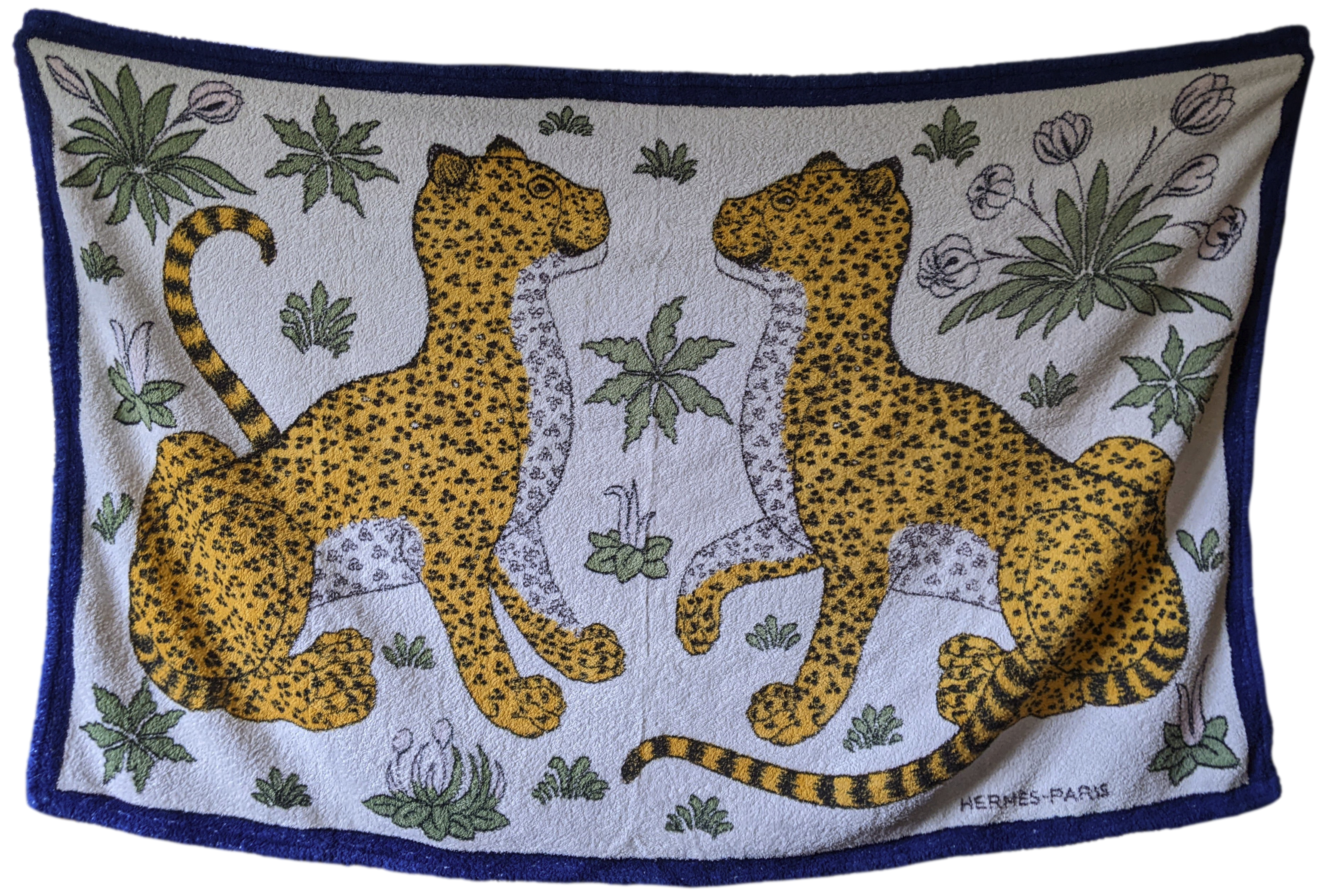 Produits Hermes (2) Blanc/Bleu Vintage "Leopards" Tapis de Plage Terry Beach Towel GM 90 x 150 cm
