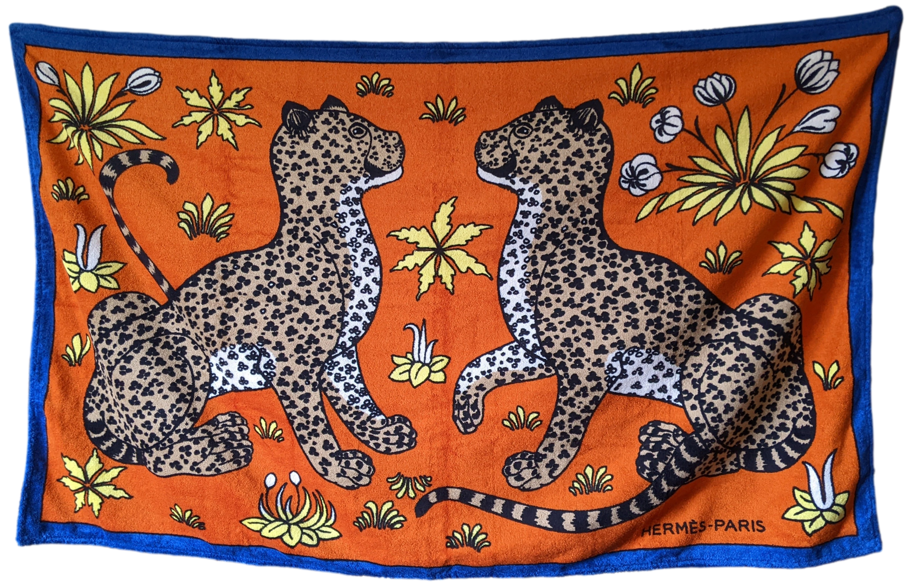 Produits Hermes Blue/Orange " Leopards" Cotton Terry Beach Towel 90 x 150