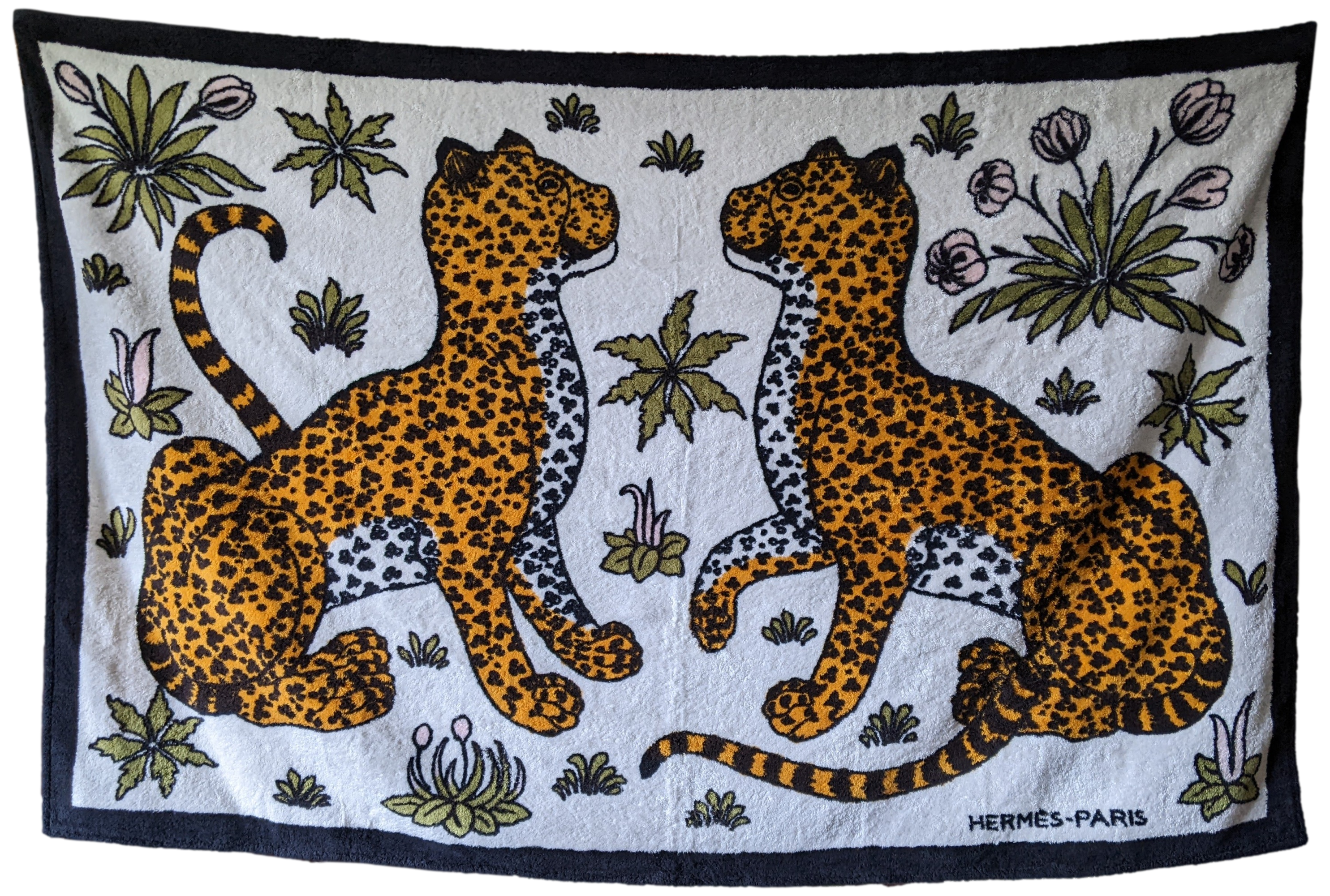 HERMES Noir LEOPARDS Tapis de Plage Terry Beach Towel 90 x 150 cm