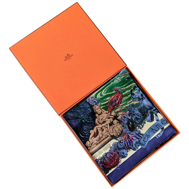 Hermes 1992 Marine/Orange/Vert " Les Ameriques" by Kermit Oliver Twill Scarf 90cm