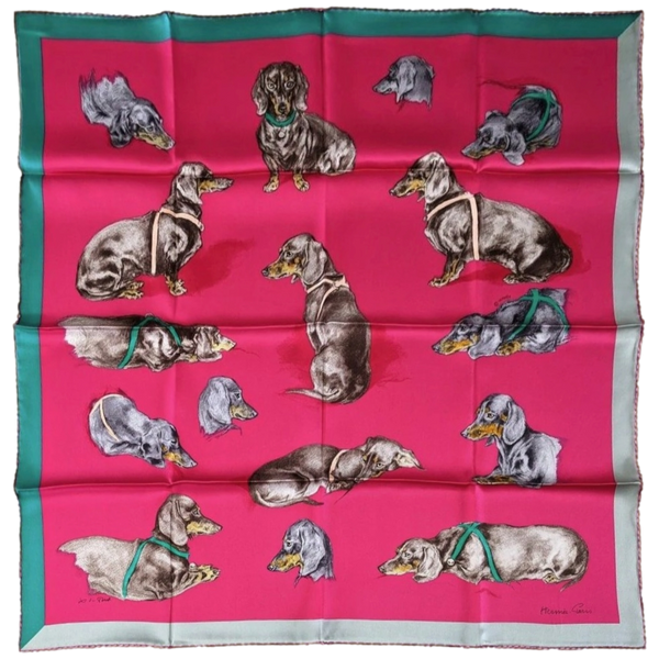 HERMES Fuchsia/Etoupe/Vert LES BASSETS Teckel by Xavier de Poret Printed Silk 70 