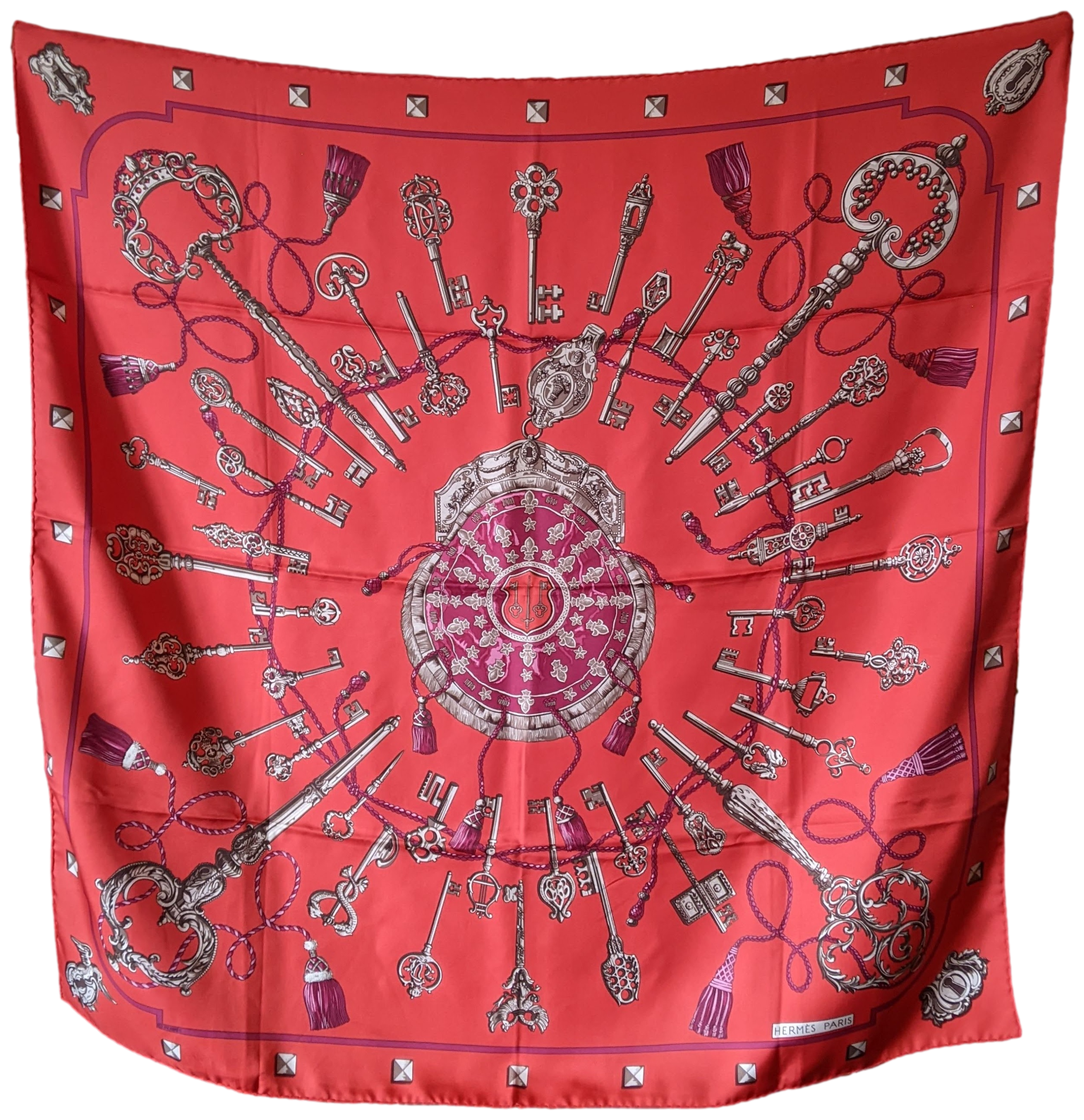 Produits Hermes Rouge "Les Clefs" Twill Scarf 90 x 90 cm
