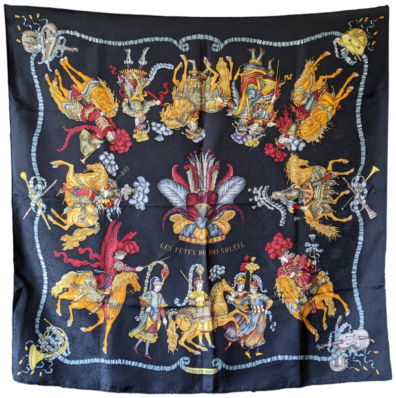 HERMES 1990s LES FETES DU ROI SOLEIL Jacquard Twill Silk Scarf 90 