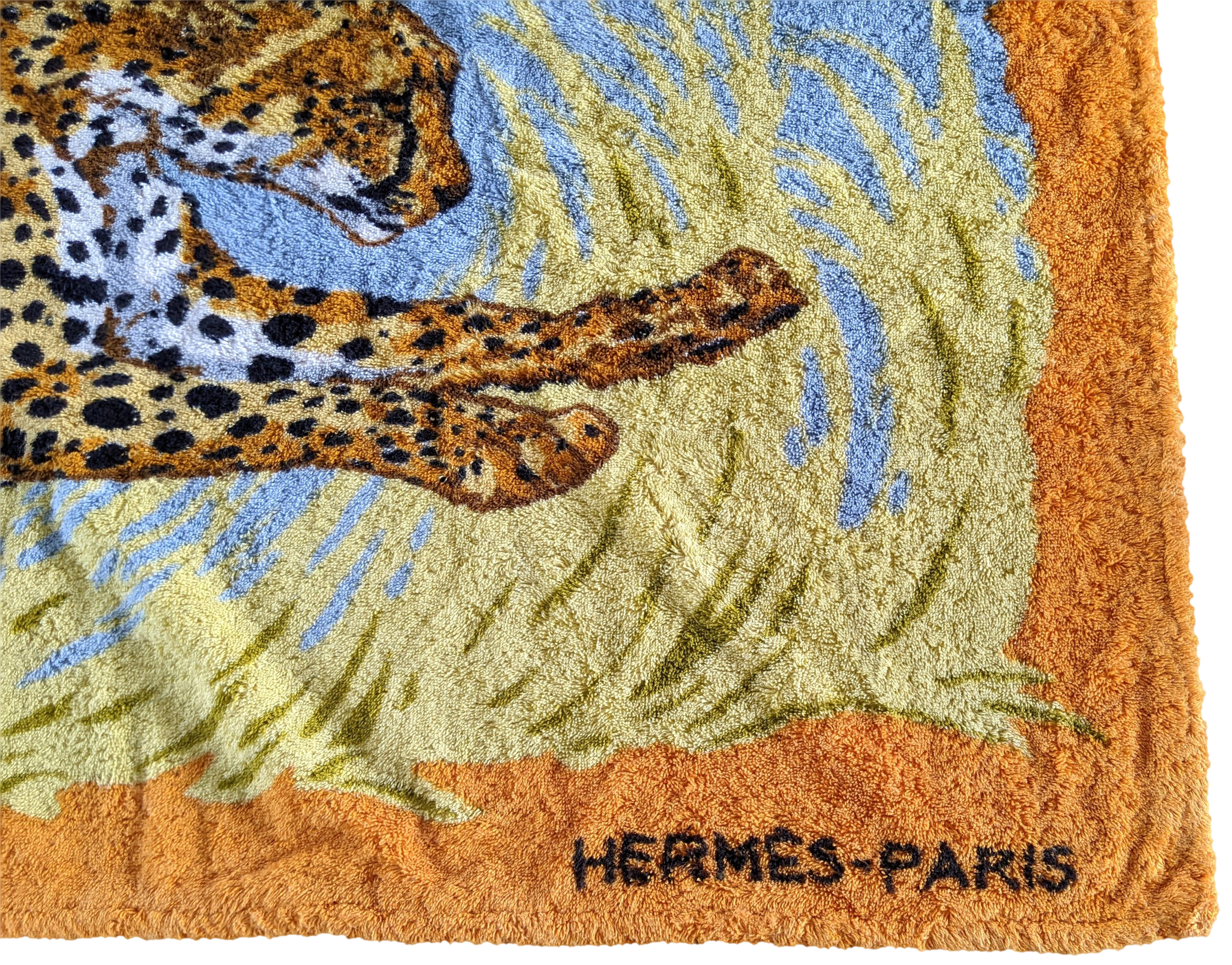Hermes Orange/Bleu " Les Guepards " by Robert Dallet Tapis de Plage Terry Beach Towel 150 x 90 cm