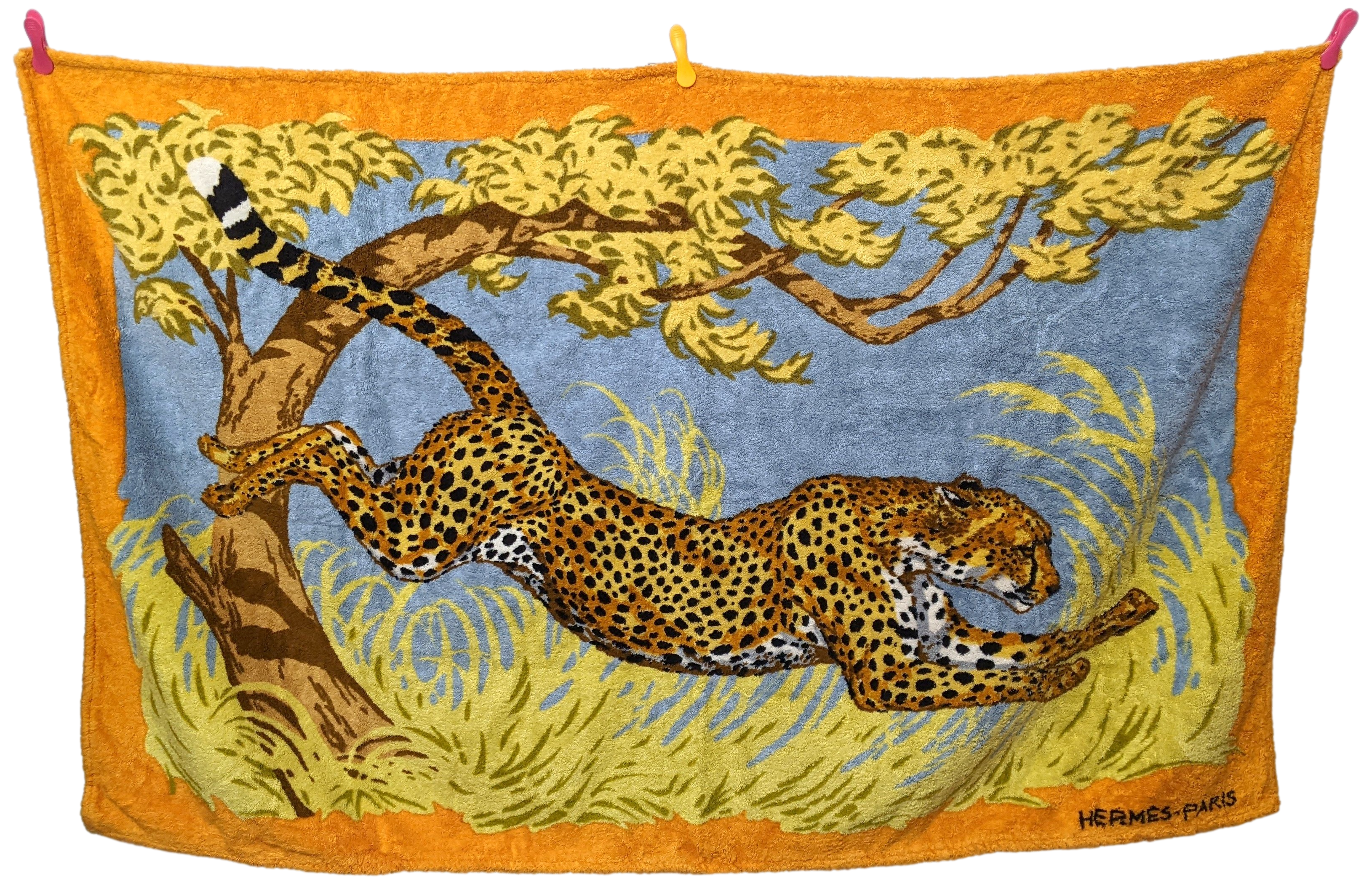 Hermes Orange/Bleu " Les Guepards " by Robert Dallet Tapis de Plage Terry Beach Towel 150 x 90 cm