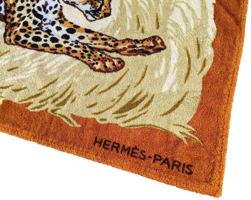 Hermes Orange Rouille/Jaune Pale "Les Guepards" by Robert Dallet Tapis de Plage Terry Beach Towel 150 x 90 cm