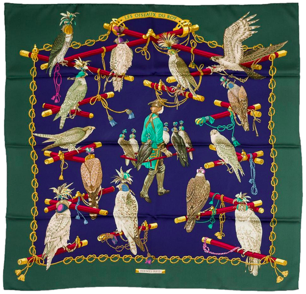 Hermes 1994 Vert "Les Oiseaux du Roi" Twill Silk Scarf 90 x 90 cm