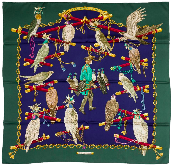 Hermes 1994 Vert "Les Oiseaux du Roi" Twill Silk Scarf 90 x 90 cm