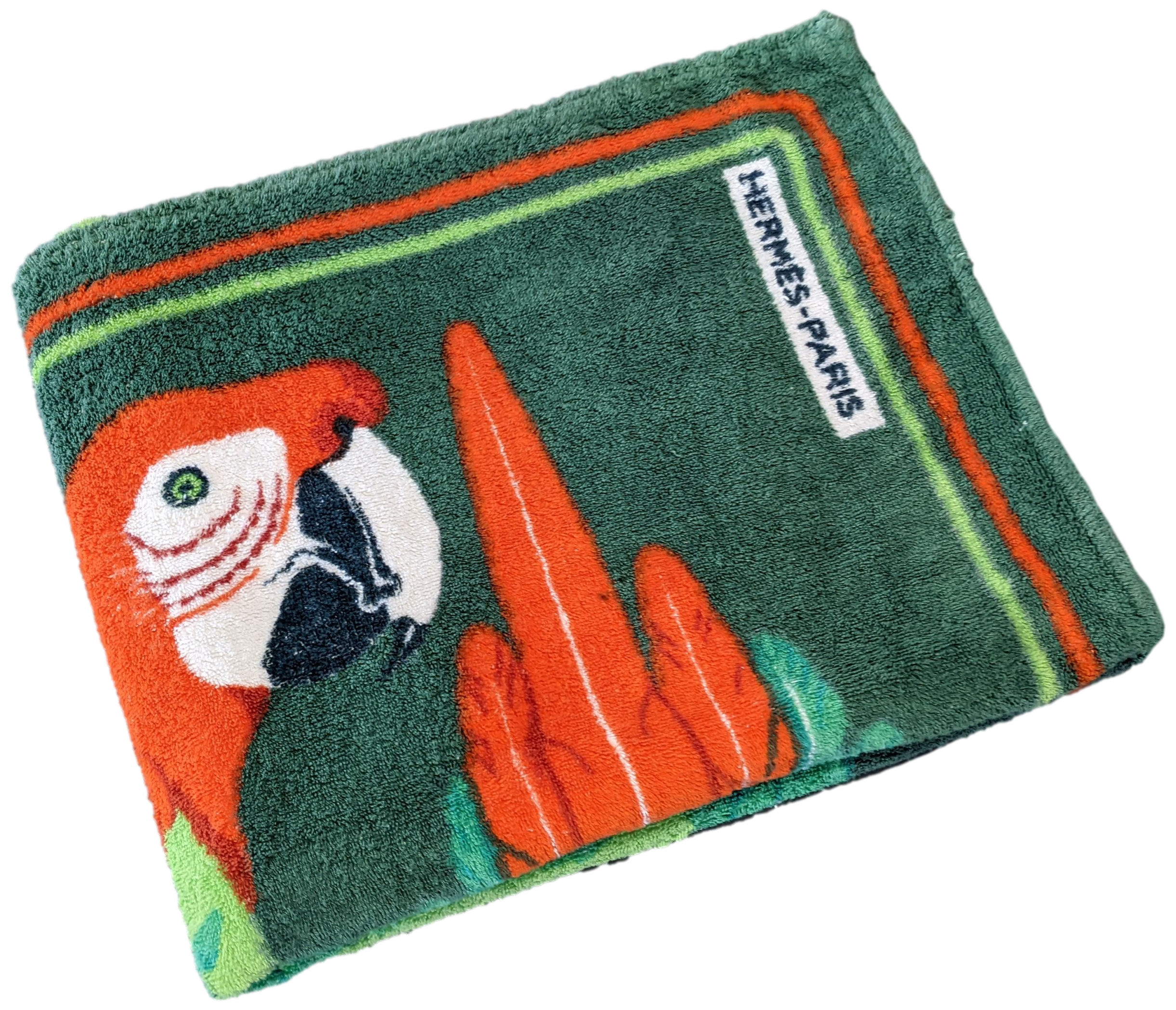 Hermes Vintage 90's Green/Orange "Les Perroquets" Terry Beach Towel 90 x 150 cm