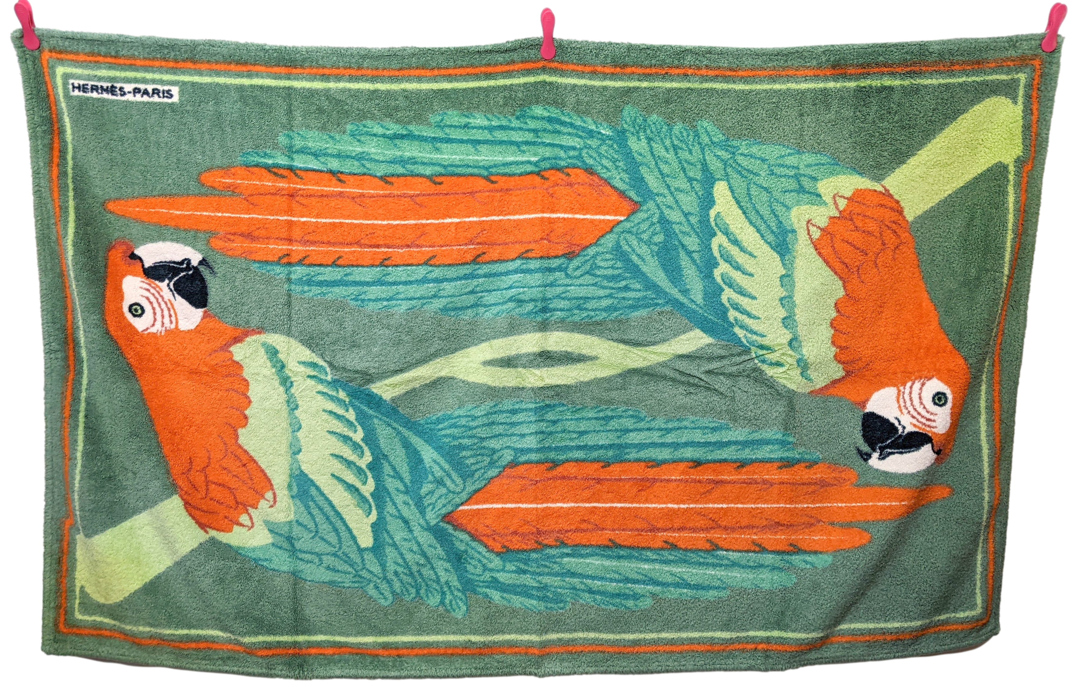 Hermes Vert/Orange "Les Perroquets" Terry Beach Towel 90 x 150 cm