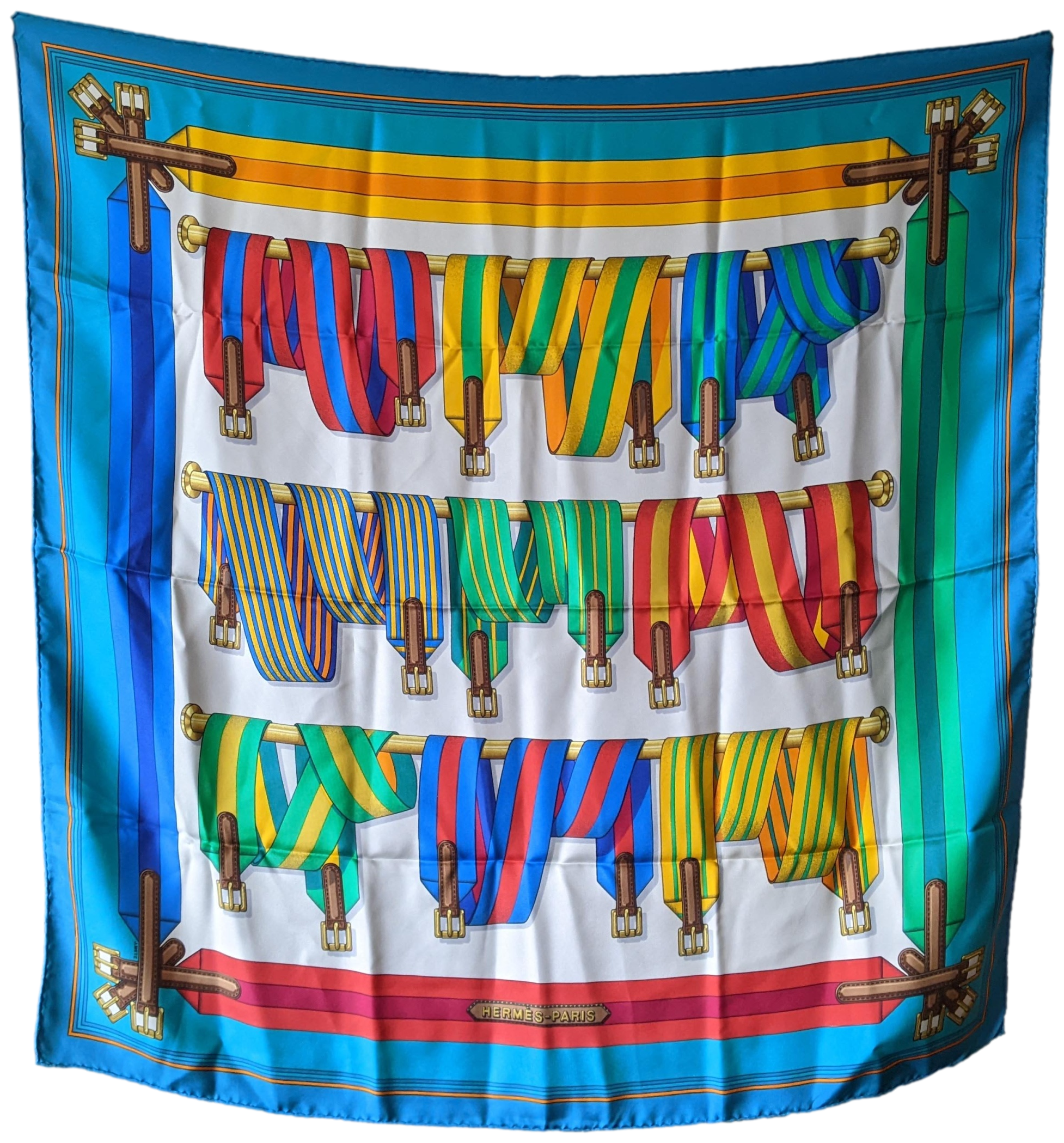 Hermes 1984 "Les Sangles" Twill Silk Scarf 90 