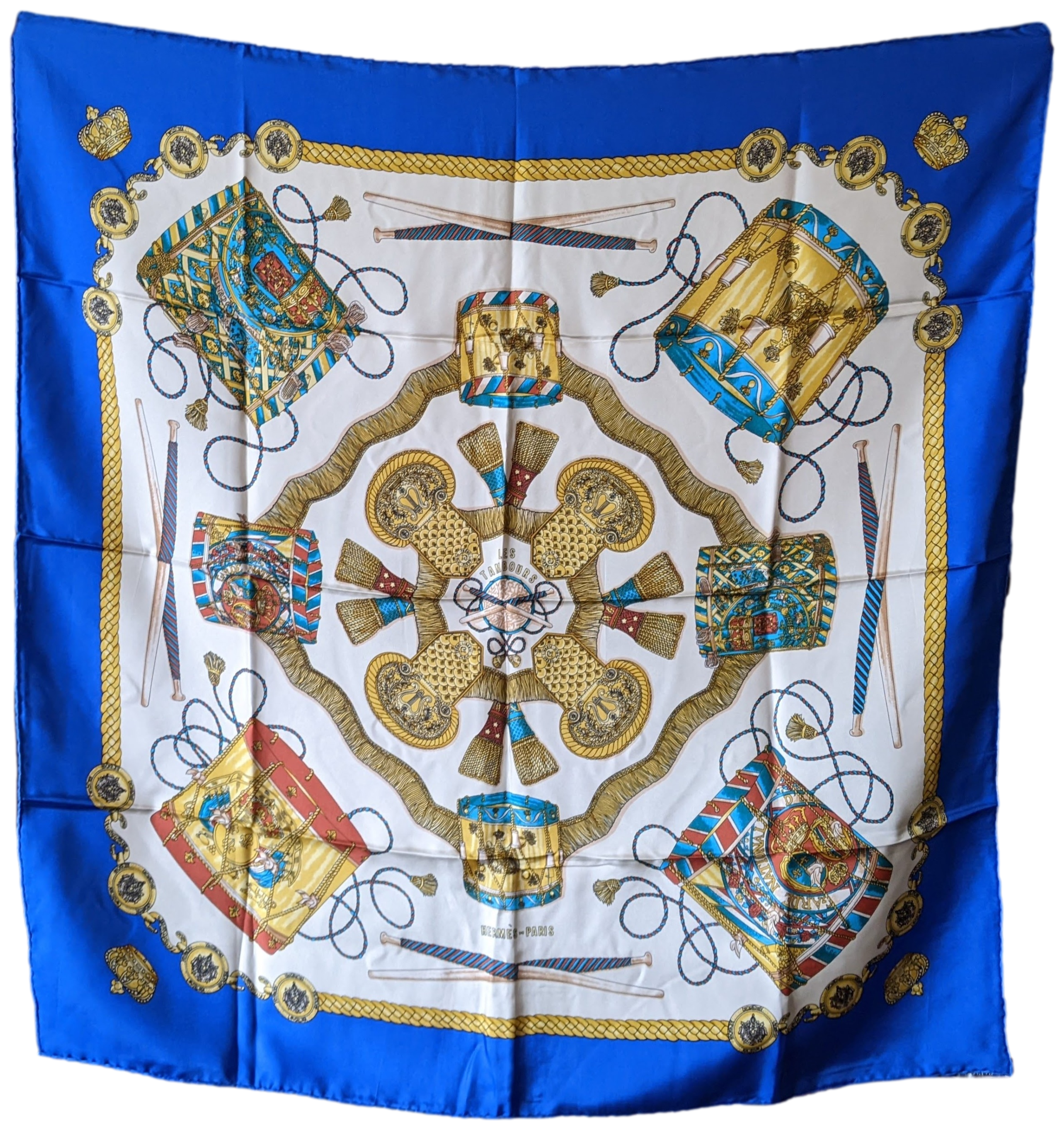 Hermes 1989 Bleu "Les Tambours" Twill Silk Scarf 90 x 90 cm