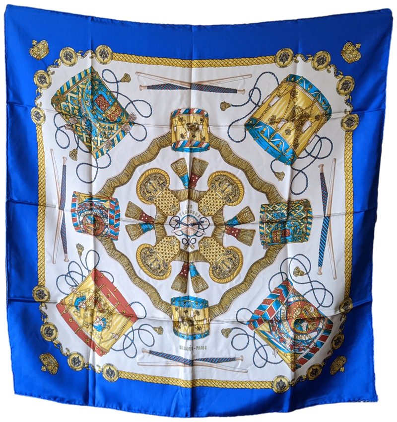 Hermes 1989 Bleu "Les Tambours" Twill Silk Scarf 90 x 90 cm