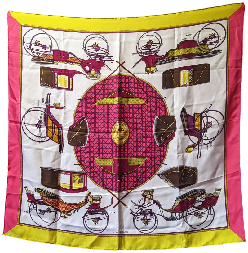 Hermes 2013 Rose/Jaune "Les Voitures a Transformations" Twill Scarf 90 x 90 cm