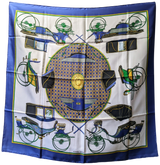 Produits Hermes 1980 Bleu "Les Voitures a Transformations" Twill Scarf 90 x 90 cm