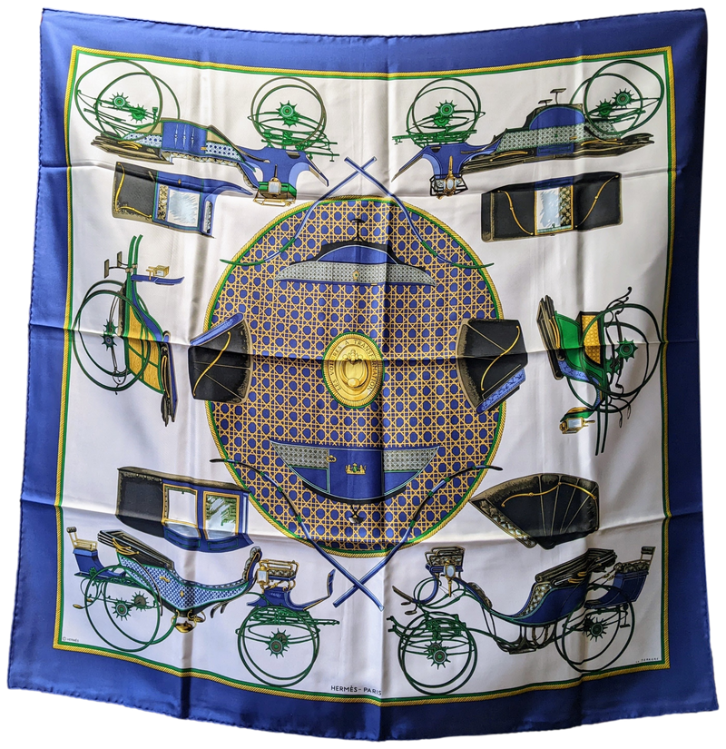 Produits Hermes 1980 Bleu "Les Voitures a Transformations" Twill Scarf 90 x 90 cm