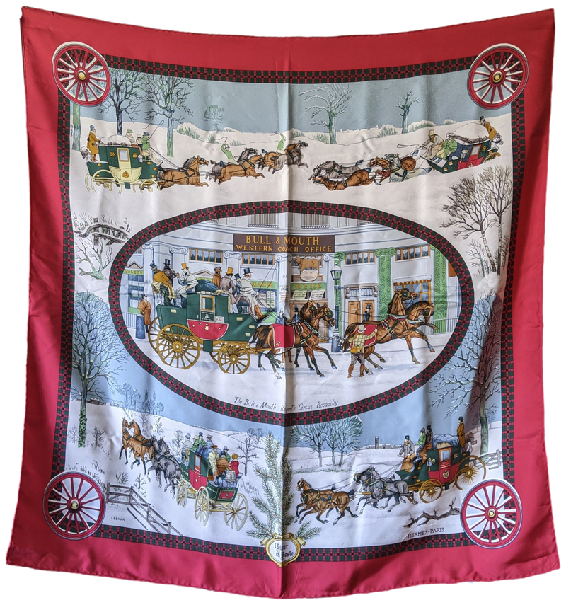 Produits Hermes Rouge/Bleu Clair "L'Hiver en Poste" Twill Silk Scarf 90 x 90 cm