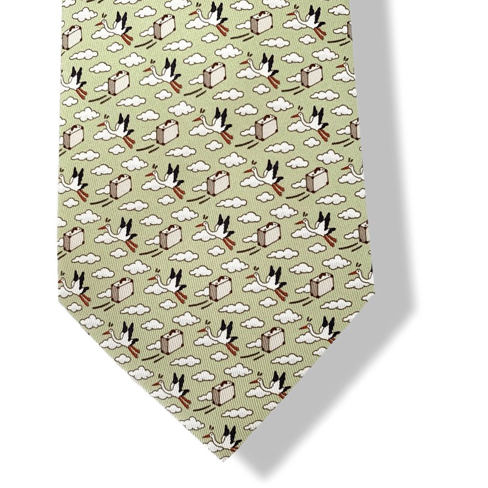 Hermes Light Green Beige White BIRD EXPRESS Twill Silk Tie 9cm, New in Pochette! - poupishop
