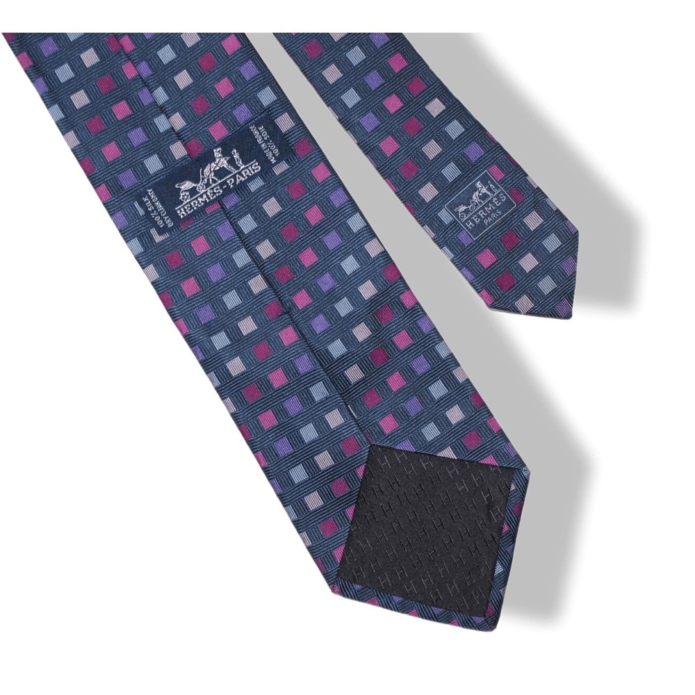 Hermes Ligth Navy Fuchsia Pink Squares Heavy Silk Tie, New! - poupishop