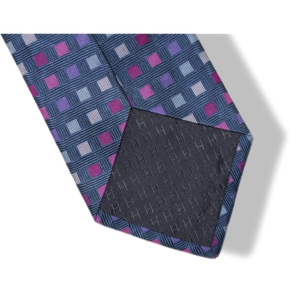 Hermes Ligth Navy Fuchsia Pink Squares Heavy Silk Tie, New! - poupishop