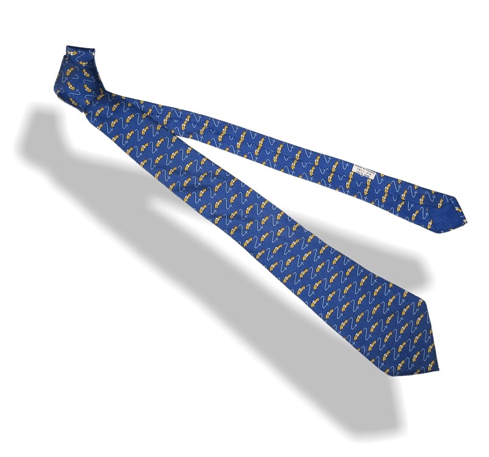 Hermes Limited Edition Blue Yellow Red Cars Le Mans 24 Hours Print Twill Silk Tie, 7811 FA, Rare! - poupishop