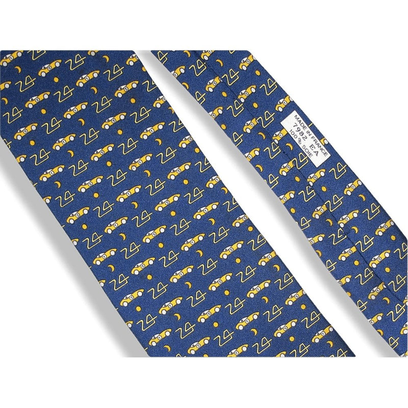 Hermes Limited Edition Navy Yellow White Cars Le Mans 24 Hours Print Twill Silk Tie, 7982 EA, Rare! - poupishop