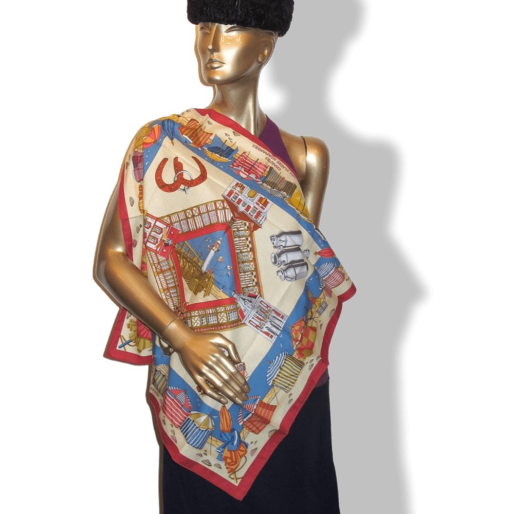 Hermes Limited to Deauville Charmes des Plages Normandes by Loic Dubigeon Cotton scarf 70, Rare! - poupishop