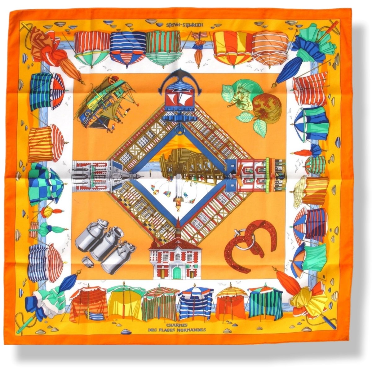 Hermes Limited to Deauville CHARMES DES PLAGES NORMANDES by Loic Dubigeon Cotton scarf 70, Rare! - poupishop