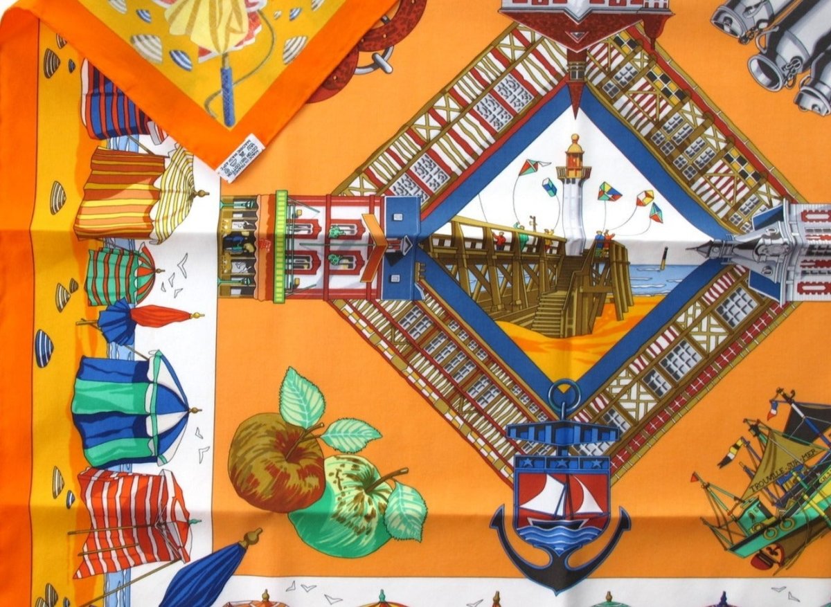 Hermes Limited to Deauville CHARMES DES PLAGES NORMANDES by Loic Dubigeon Cotton scarf 70, Rare! - poupishop