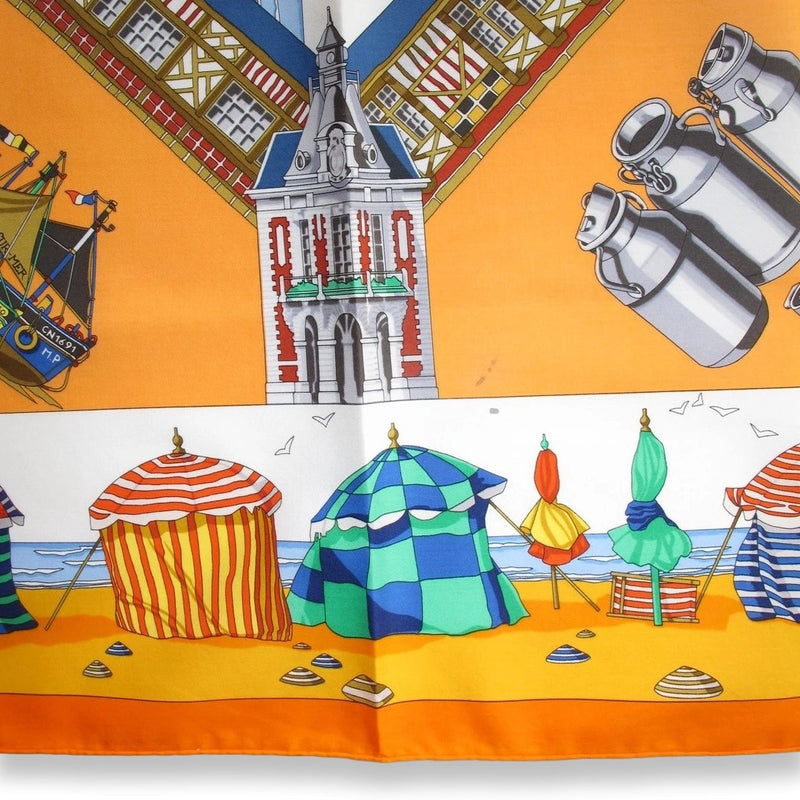 Hermes Limited to Deauville CHARMES DES PLAGES NORMANDES by Loic Dubigeon Cotton scarf 70, Rare! - poupishop